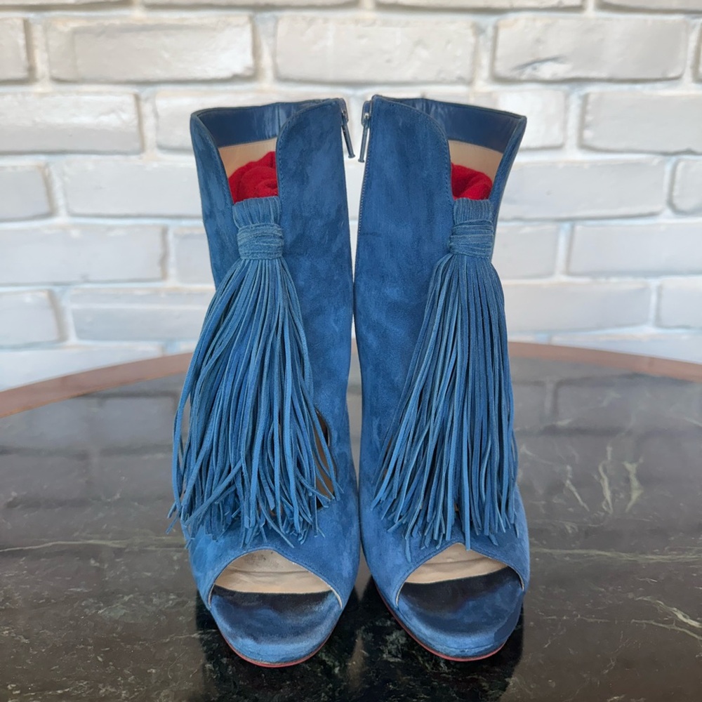 Christian Louboutin Otoka 120 Blue Suede
Peep Toe Tassel Fringed Heels Booties